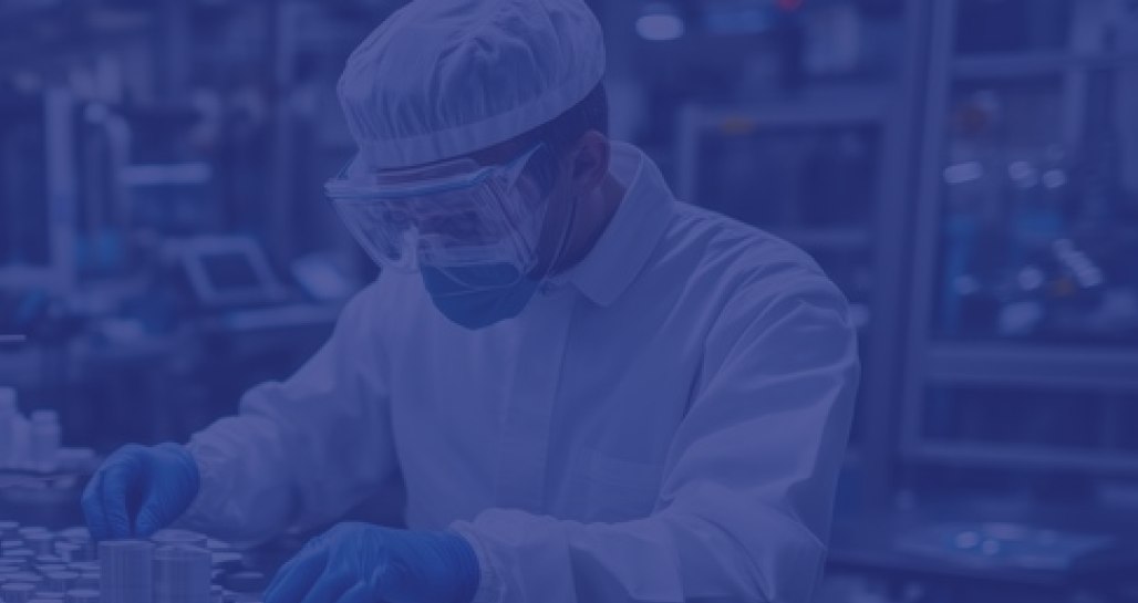 A technician in protective equipment working on a pharmaceutical production line