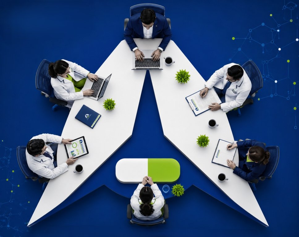 Aleafiaa colleagues in white coats working together around a table arranged in the Aleafiaa mark
